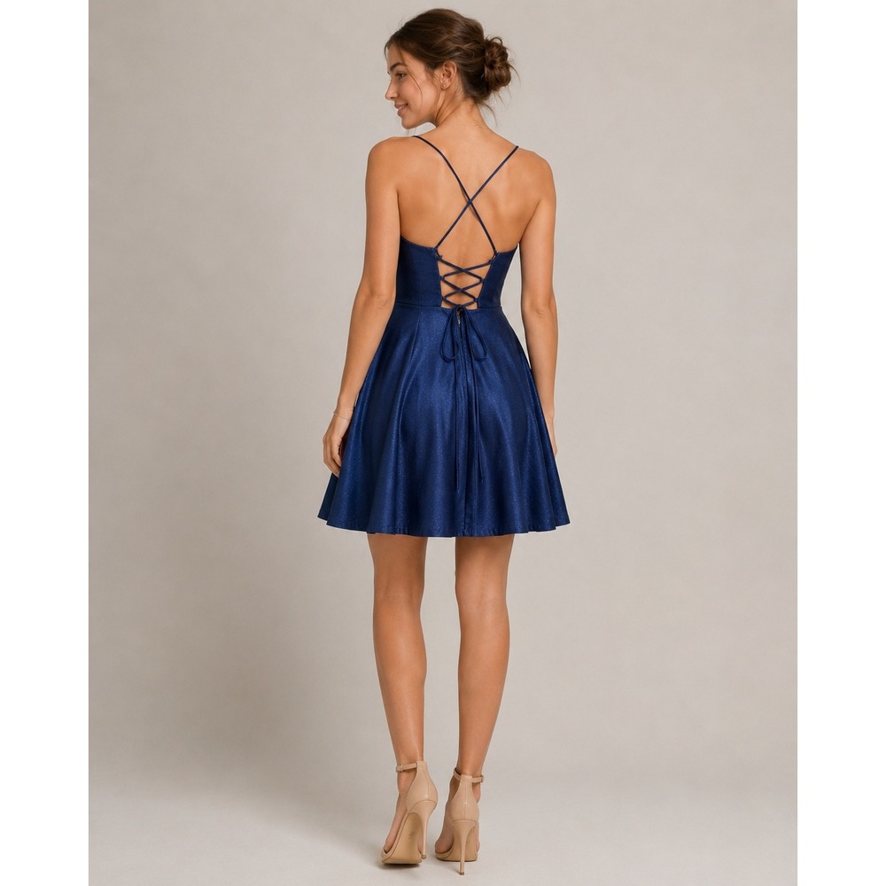 Windsor Blue Glitter Lace Up Skater Dress S Autumn Wedding Homecoming Formal - Picture 2 of 9